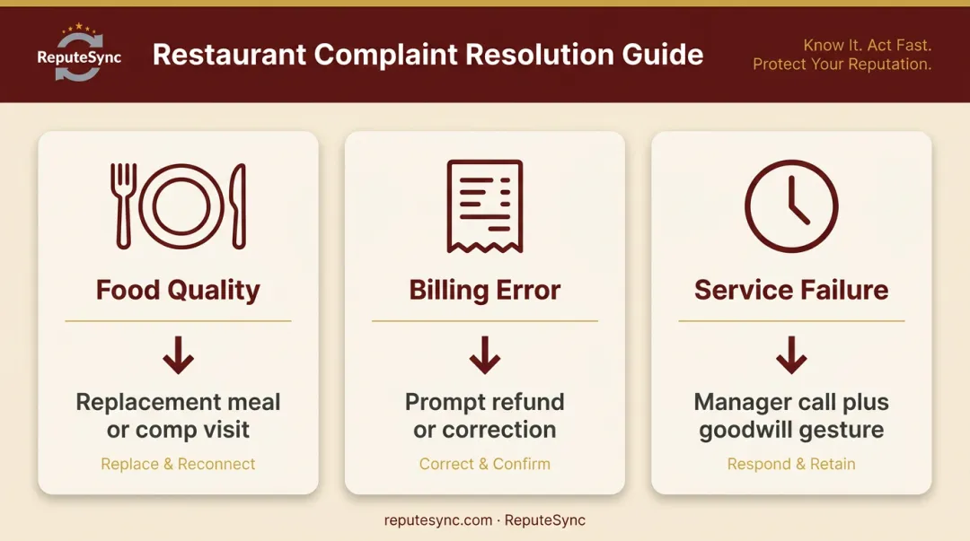 Three restaurant complaint types and matching resolution strategies comparison infographic