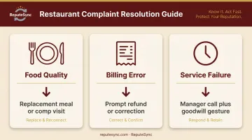 Three restaurant complaint types and matching resolution strategies comparison infographic