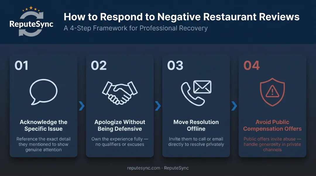 Four-step negative restaurant review response process flow infographic