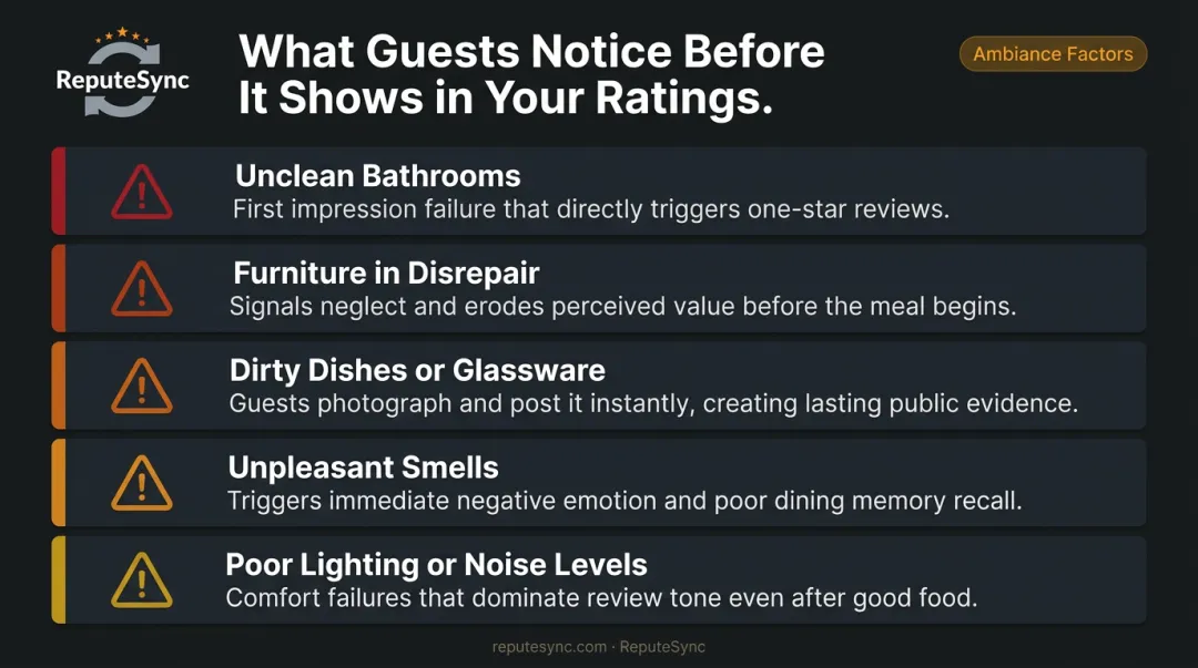 Top negative ambiance factors impacting restaurant guest satisfaction and reviews