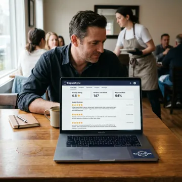 Restaurant owner reviewing customer reviews