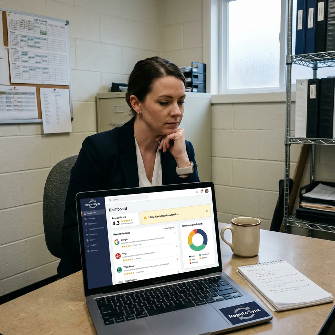 Restaurant manager reviewing online reputation dashboard