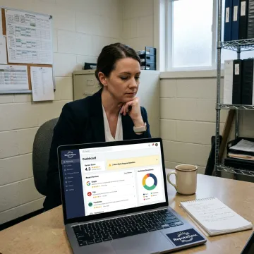 Restaurant manager reviewing online reputation dashboard