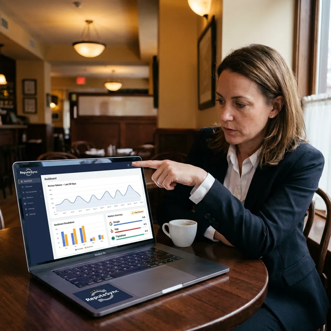 Restaurant manager reviewing online reputation dashboard