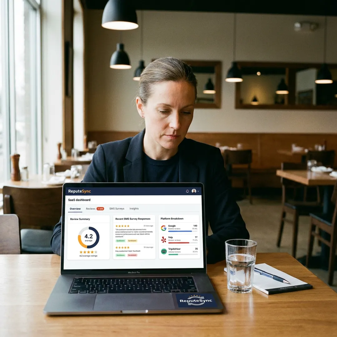 Restaurant manager reviewing customer feedback dashboard