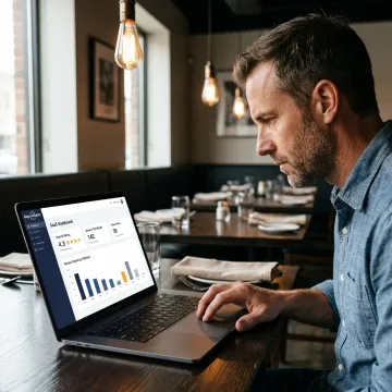 Restaurant owner reviewing online reputation dashboard