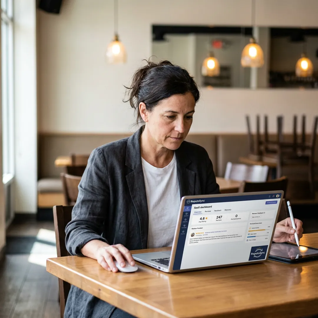 Restaurant owner reviewing online reputation dashboard