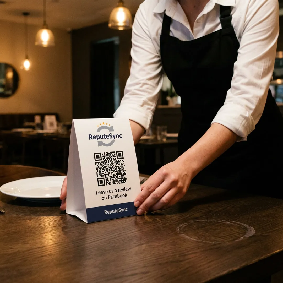 Restaurant staff placing a Facebook review QR code on a table tent