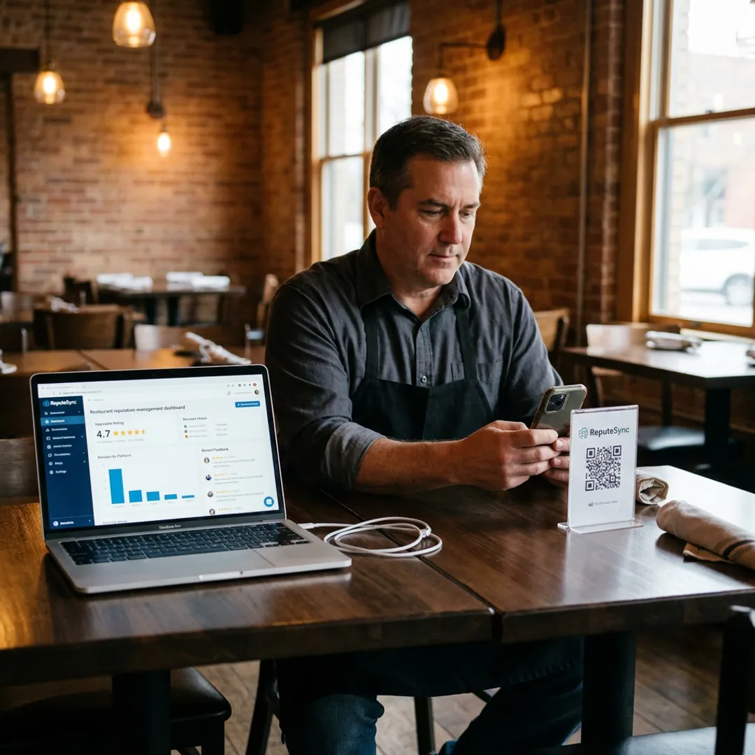 Restaurant owner reviewing QR feedback dashboard