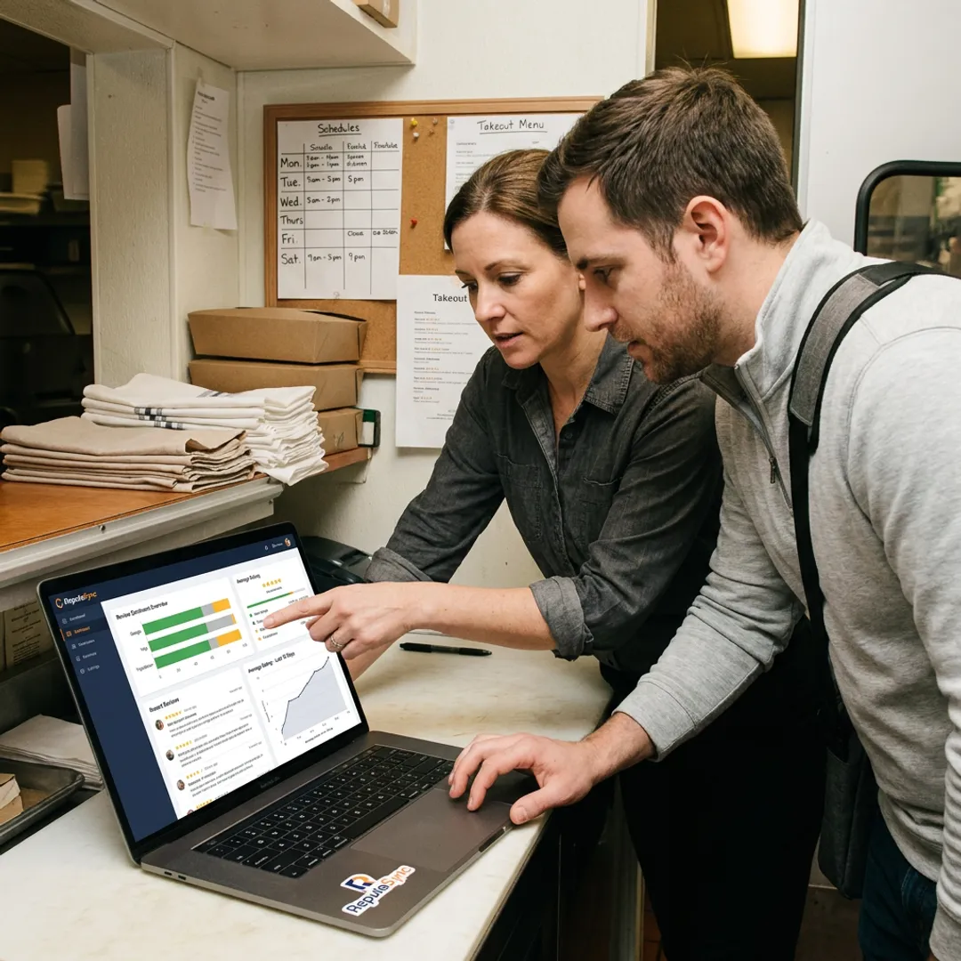 Restaurant review workflow on laptop