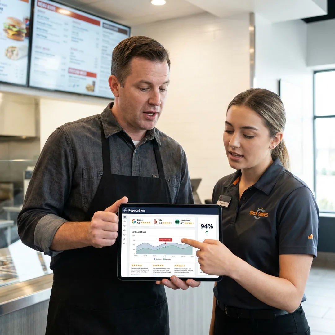 Restaurant team reviewing online reputation metrics