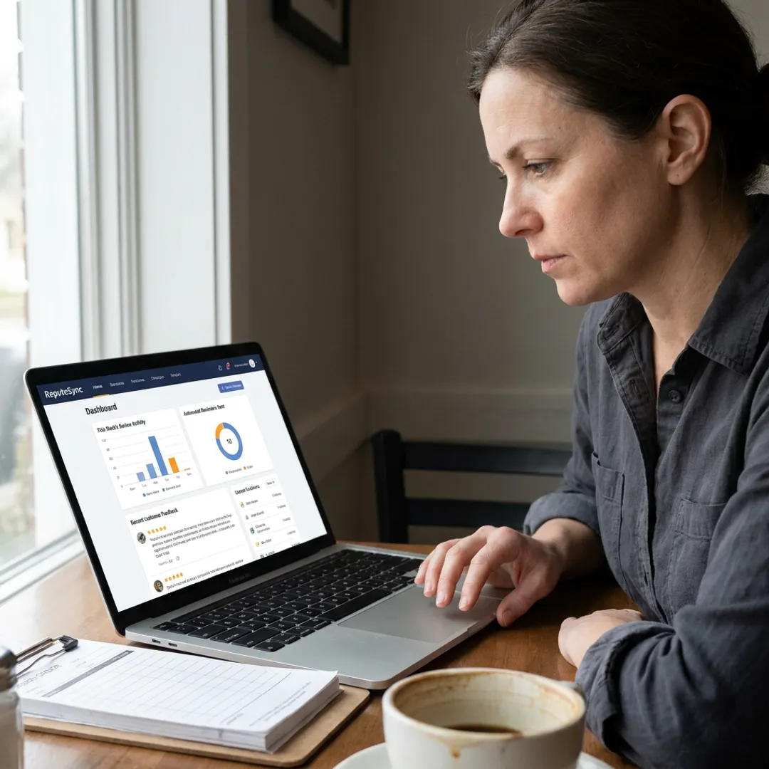 Restaurant owner reviewing automated review reminder dashboard