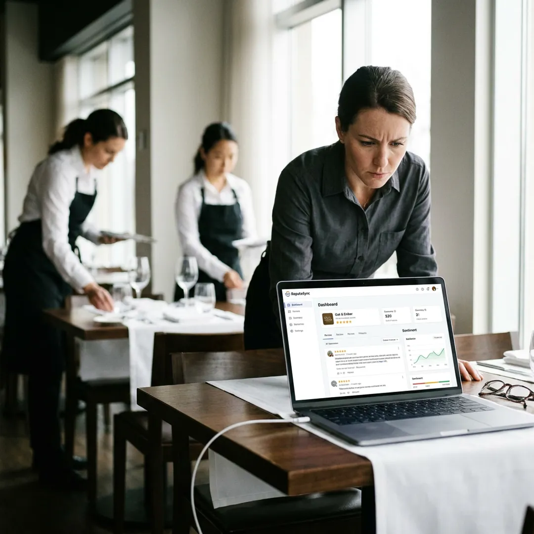 Restaurant manager reviewing online feedback dashboard