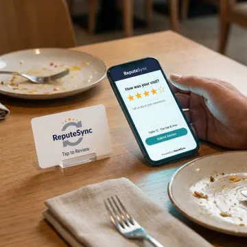 NFC review card on a restaurant table