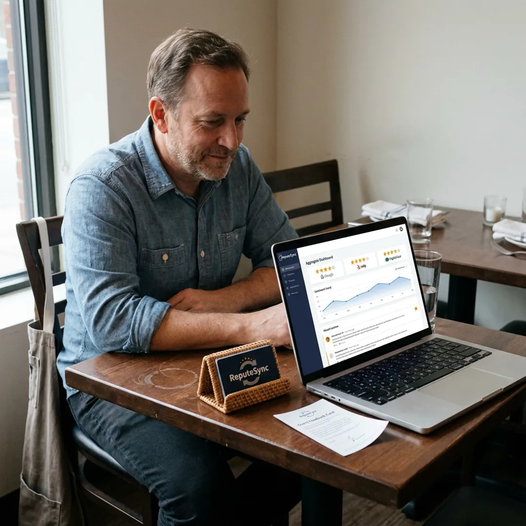 Restaurant owner reviewing online reputation dashboard