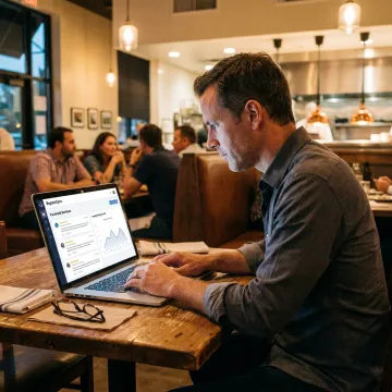 Restaurant owner reviewing Facebook reputation dashboard