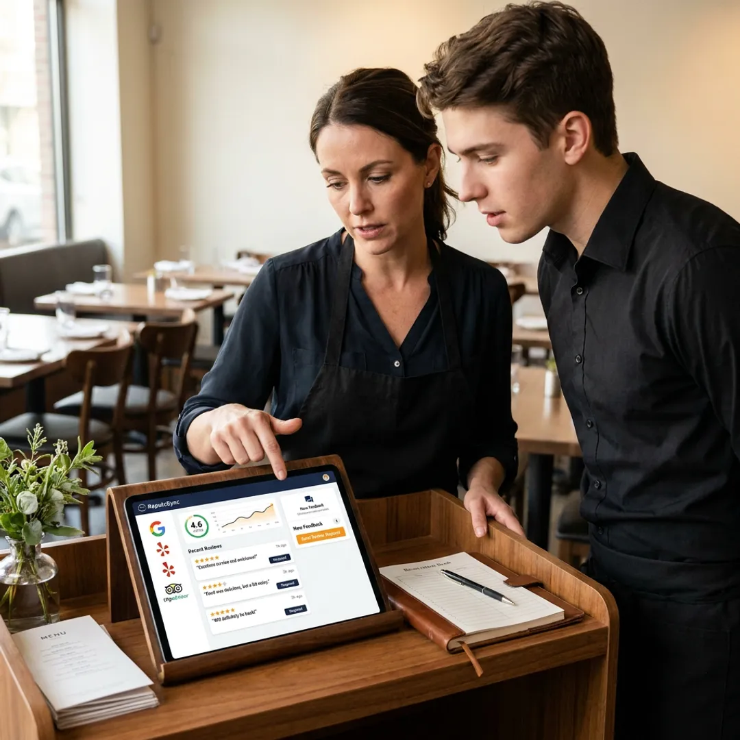 Restaurant manager reviewing feedback workflow
