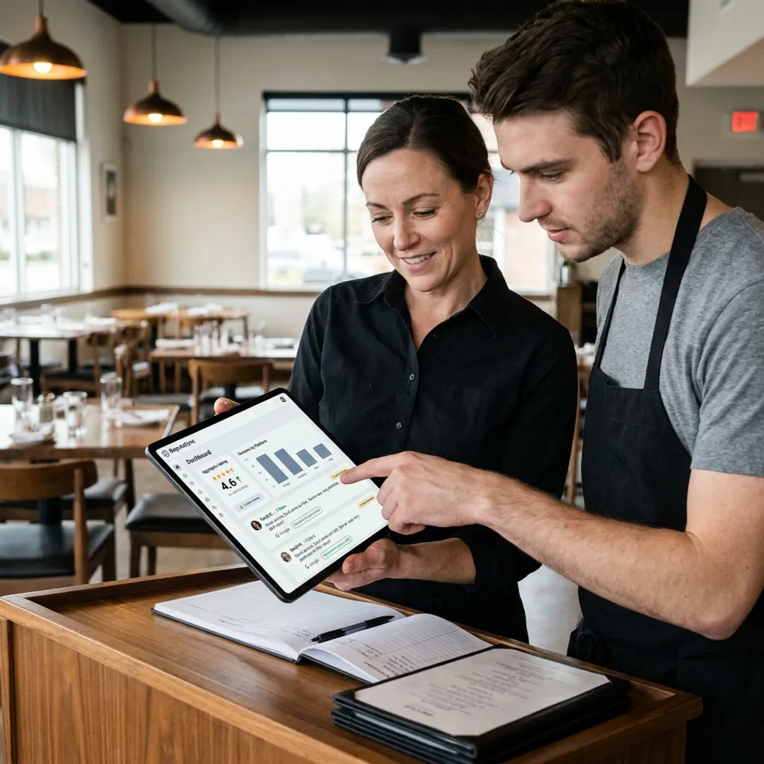 Restaurant team reviewing online reputation dashboard