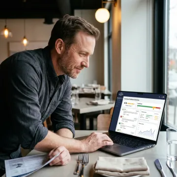 Restaurant owner reviewing customer feedback dashboard