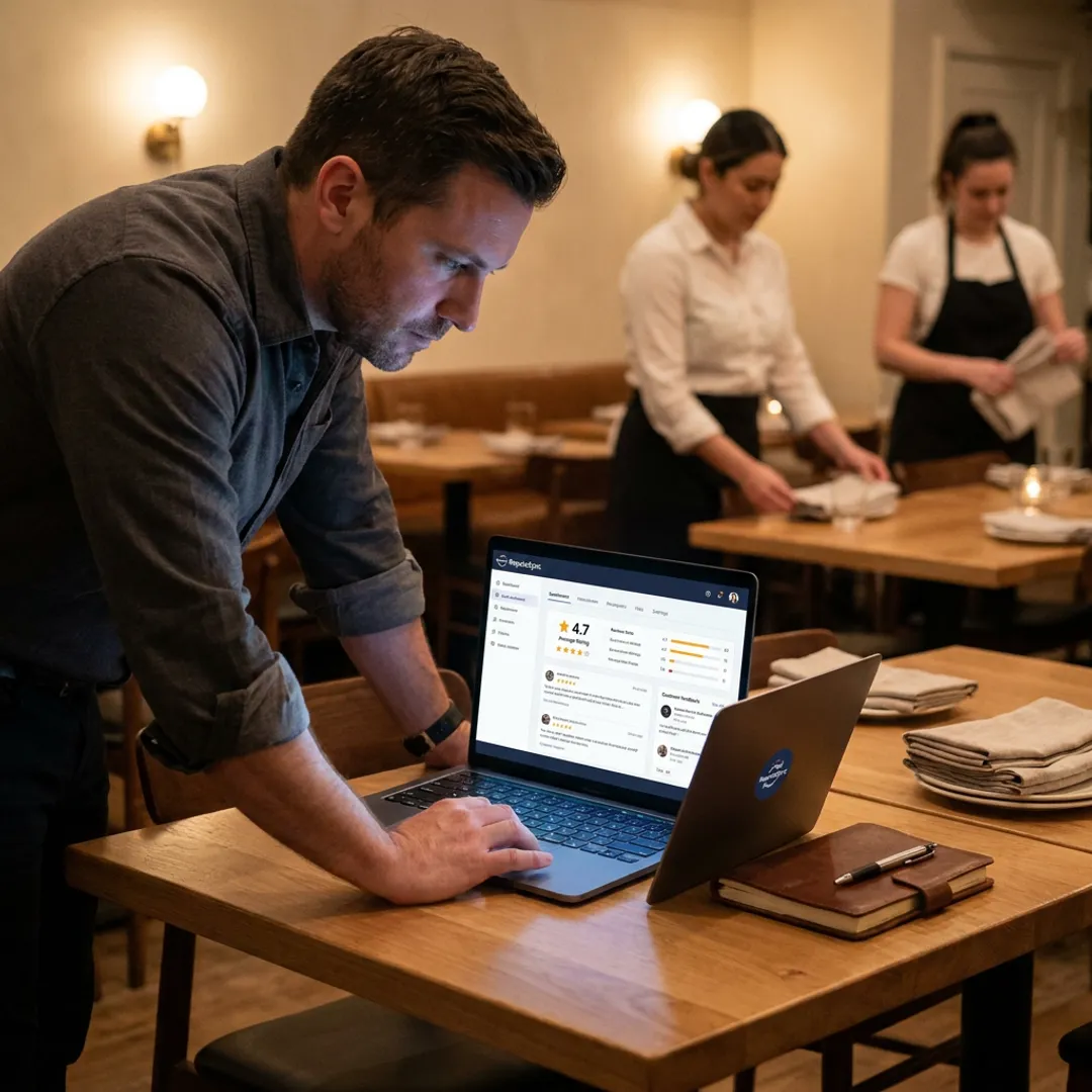 Restaurant manager reviewing QR code feedback dashboard