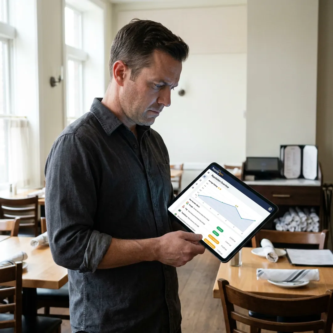 Restaurant owner reviewing reputation dashboard