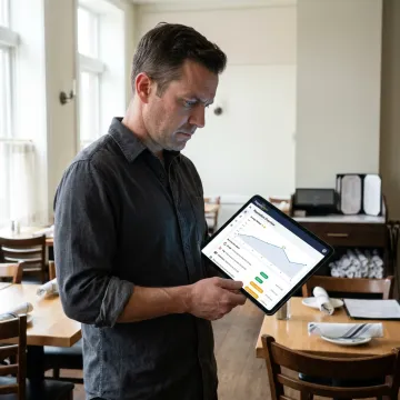 Restaurant owner reviewing reputation dashboard