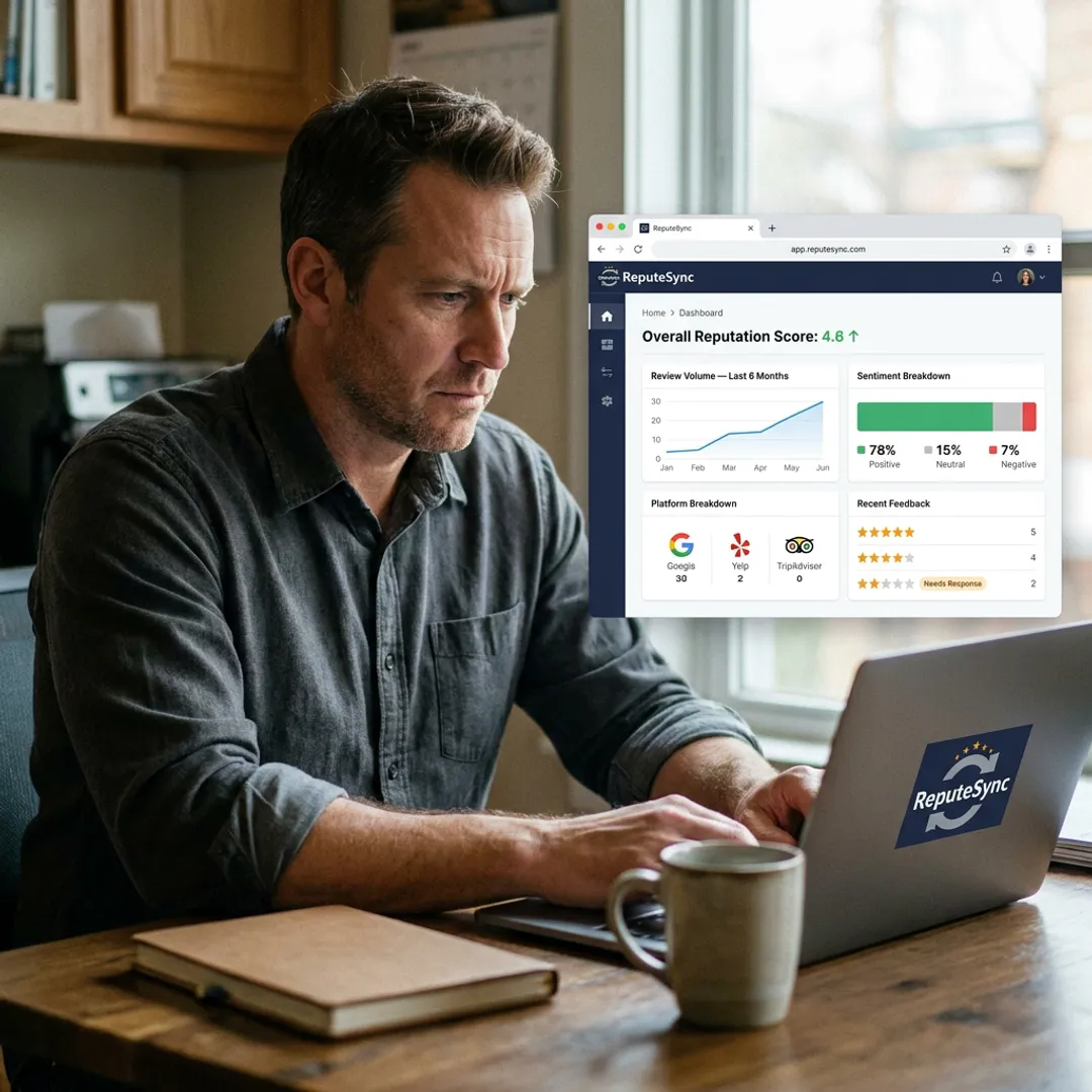 Restaurant owner reviewing customer feedback analytics