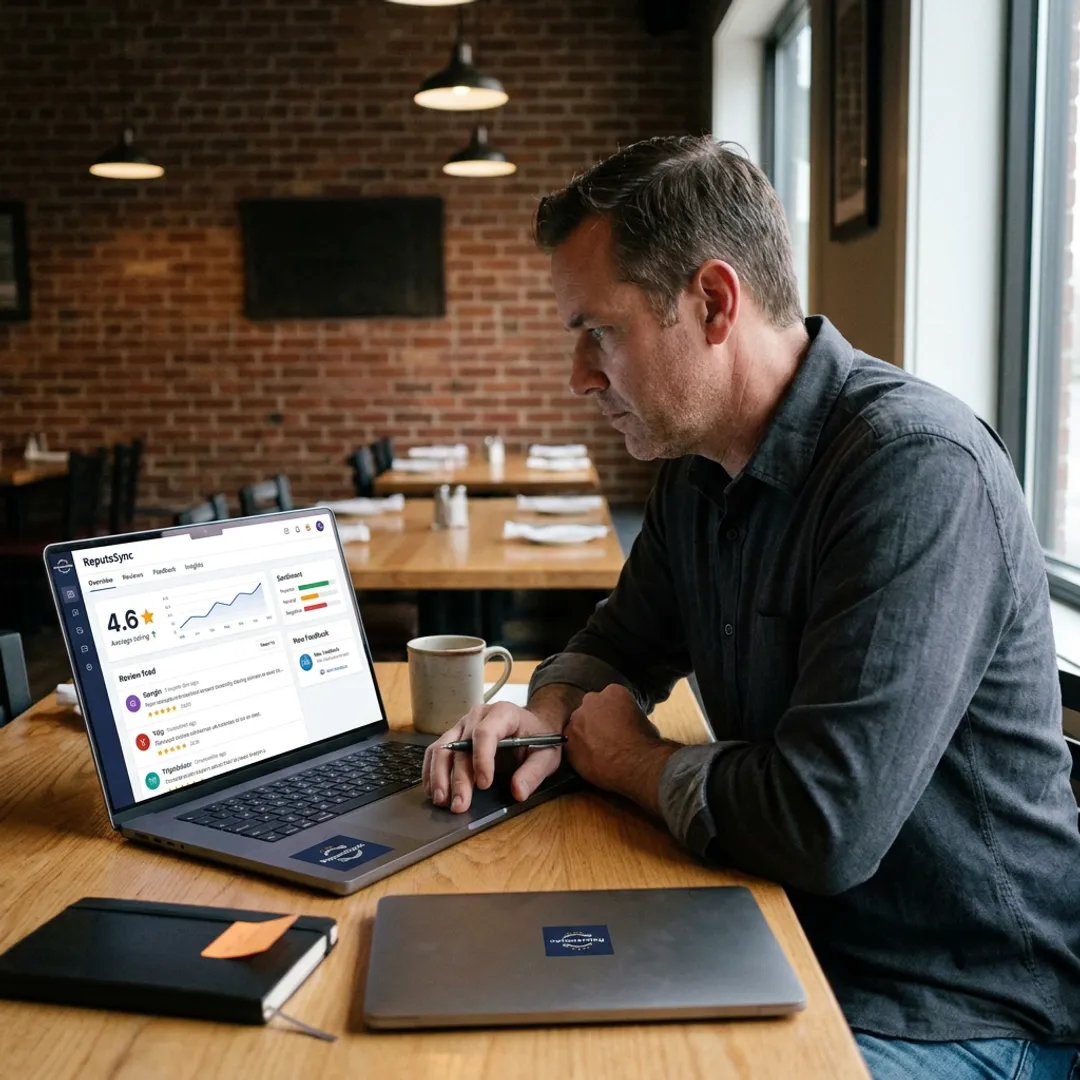 Restaurant owner reviewing customer feedback dashboard