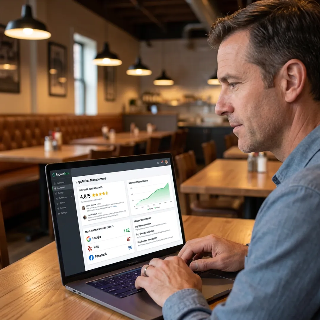 Restaurant owner reviewing customer feedback dashboard