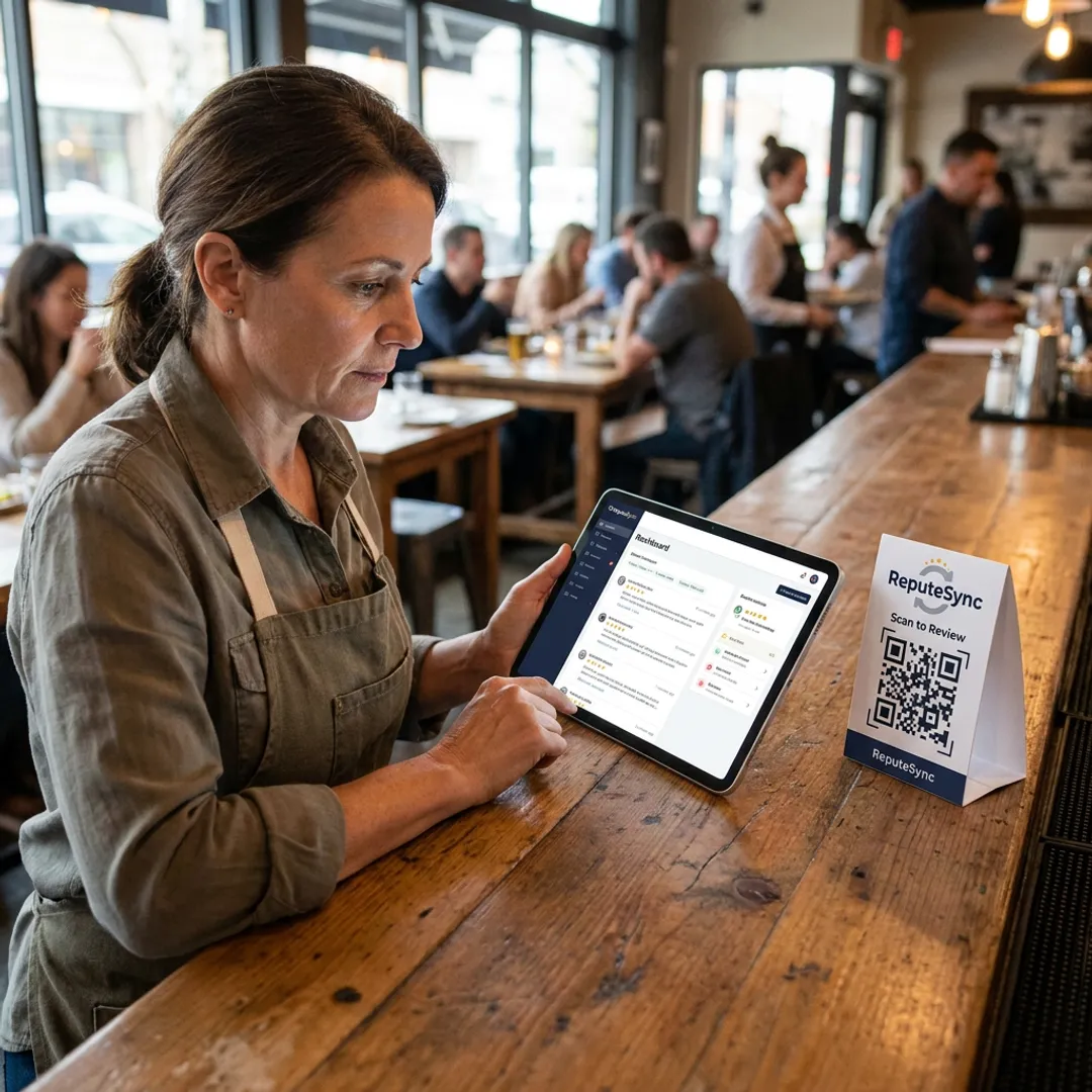 Restaurant owner reviewing QR code feedback dashboard