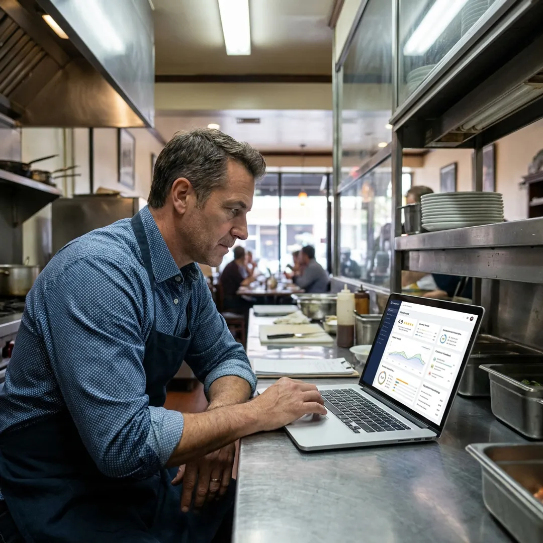 Restaurant owner reviewing online reputation dashboard