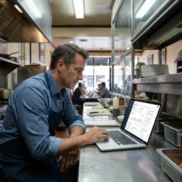 Restaurant owner reviewing online reputation dashboard