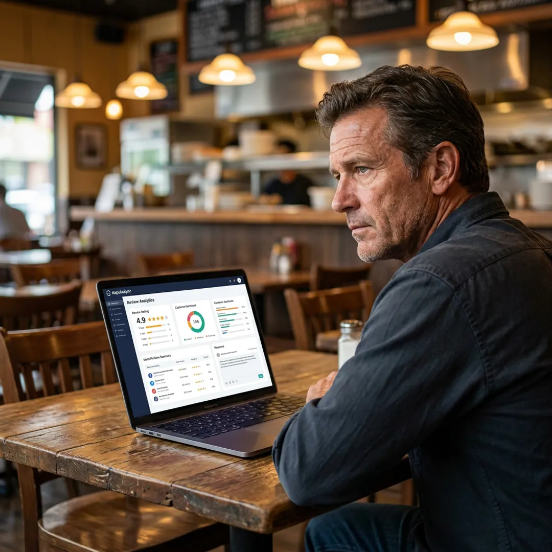 Restaurant owner reviewing online feedback dashboard