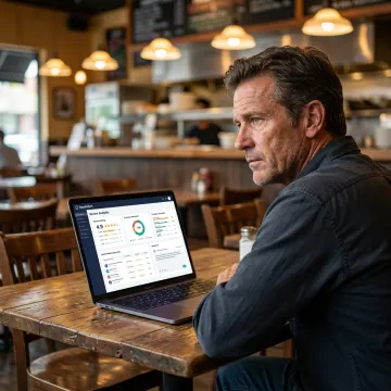 Restaurant owner reviewing online feedback dashboard