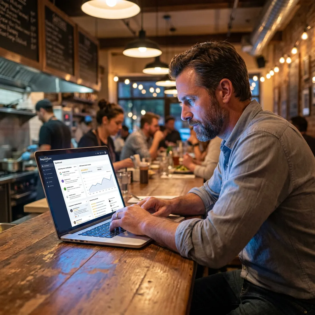 Restaurant owner reviewing SMS feedback dashboard