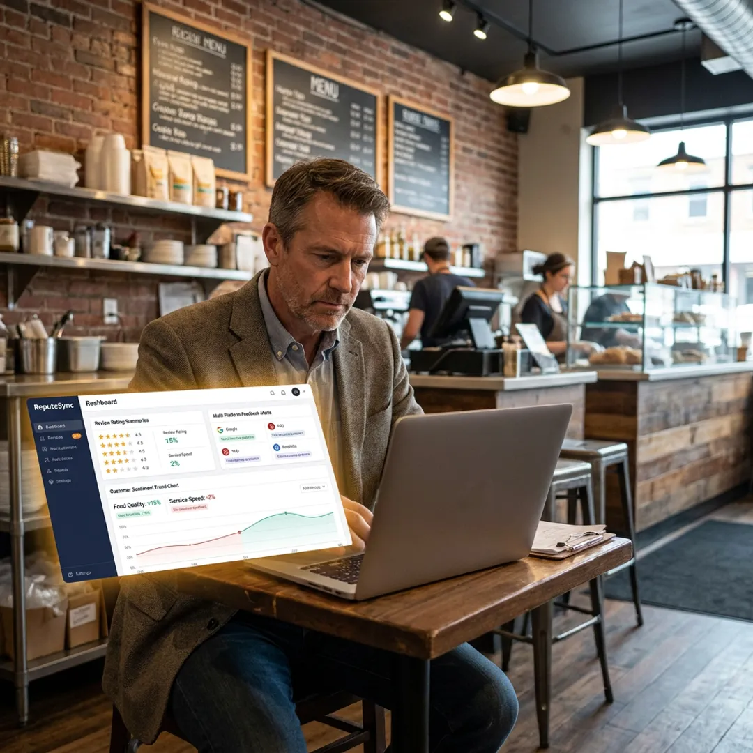 Restaurant owner reviewing online reputation dashboard