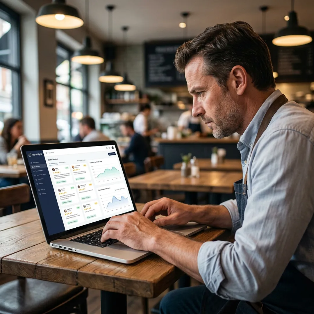Restaurant owner reviewing customer feedback dashboard