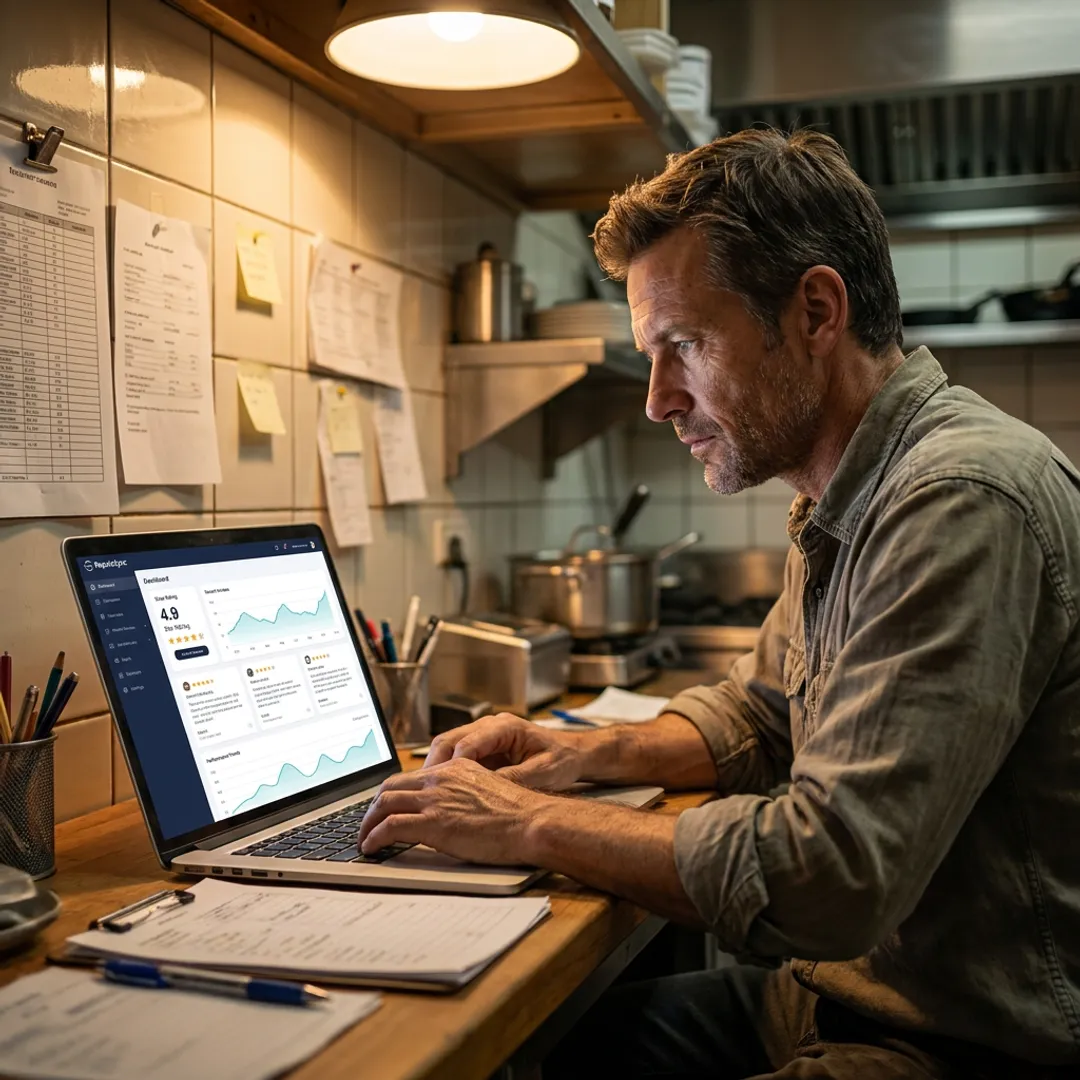 Restaurant owner reviewing customer feedback dashboard