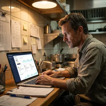 Restaurant owner reviewing customer feedback dashboard