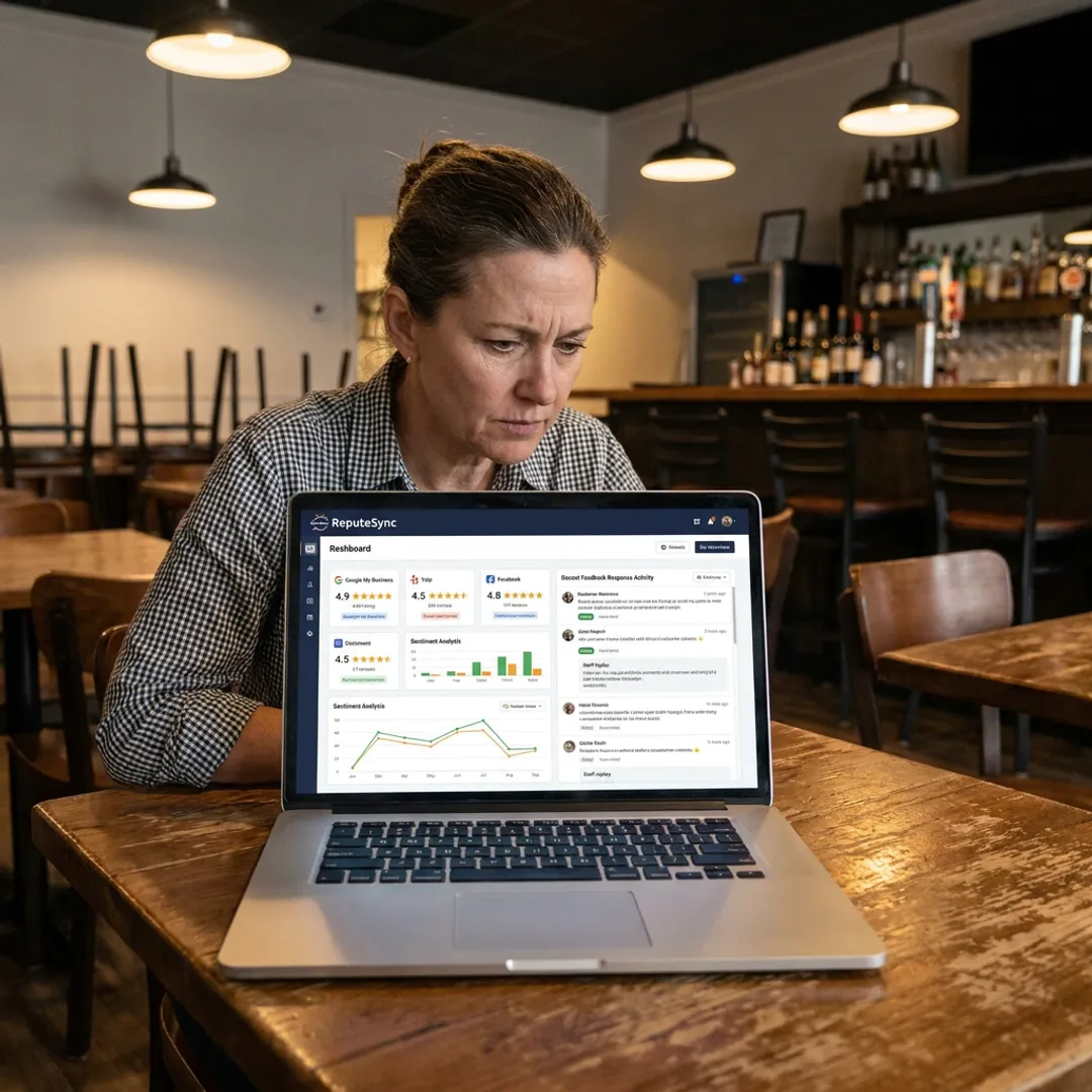 Restaurant owner reviewing reputation dashboard