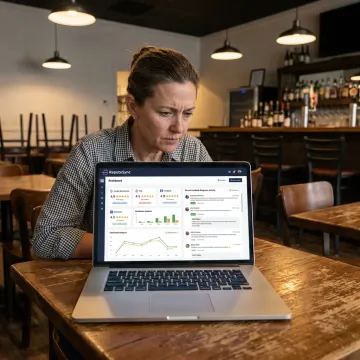 Restaurant owner reviewing reputation dashboard