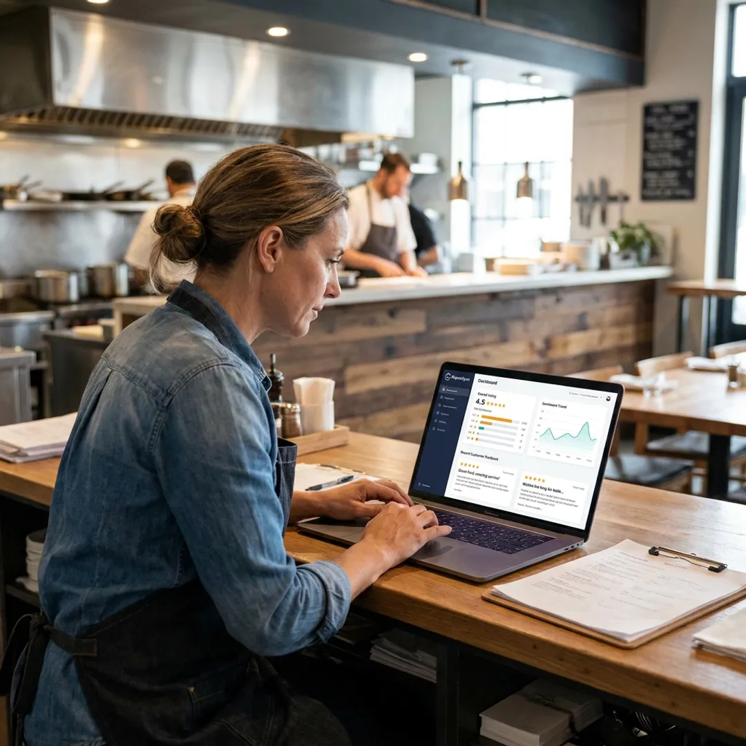 Restaurant team reviewing online reputation dashboard