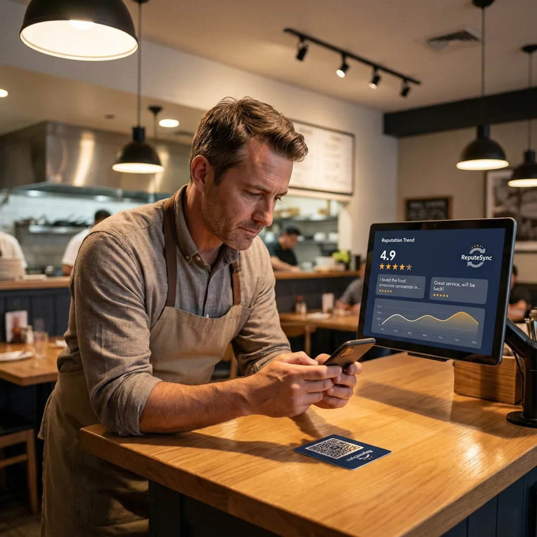 Restaurant owner reviewing QR code feedback workflow