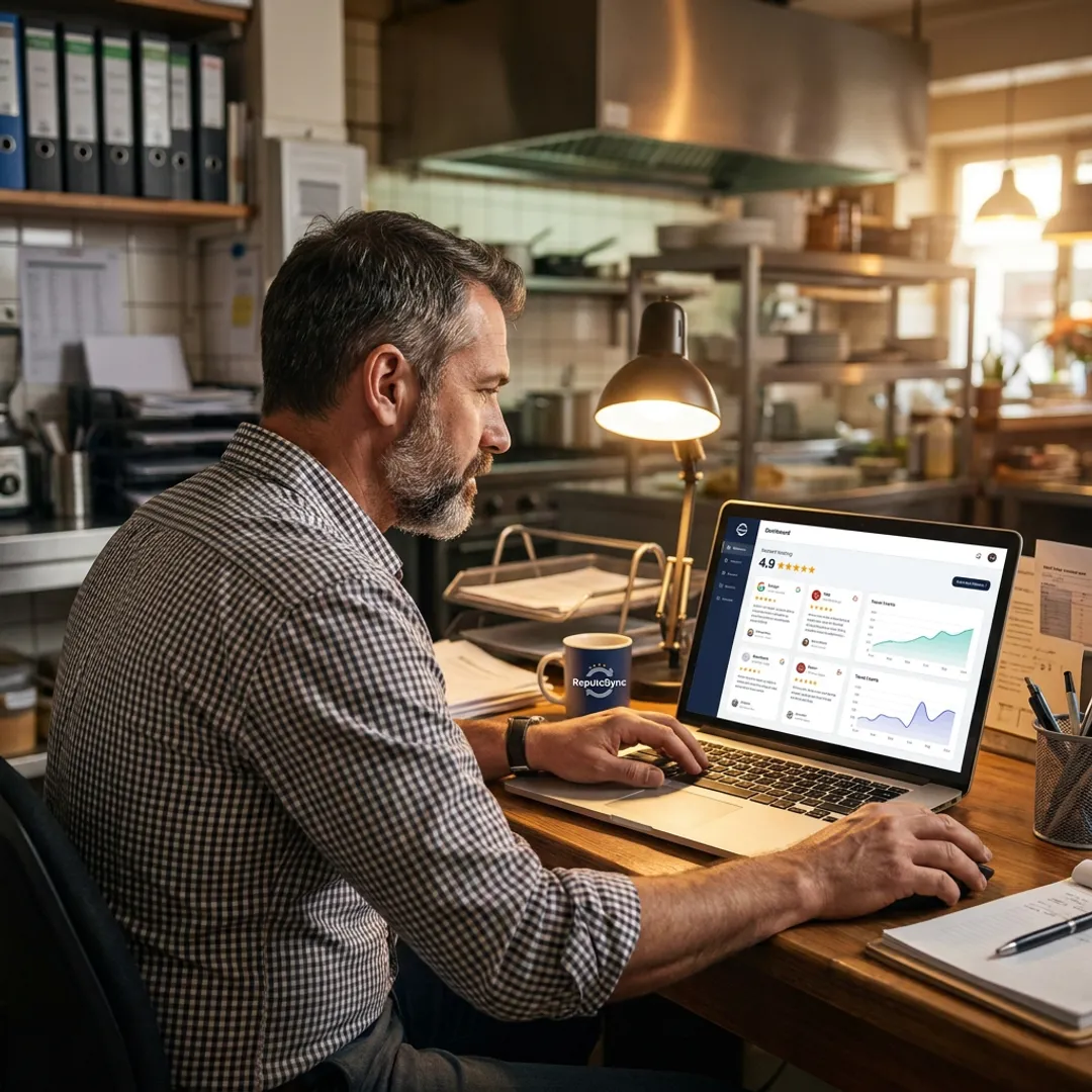 Restaurant owner reviewing online feedback dashboard