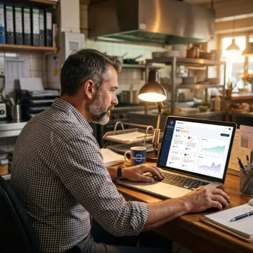 Restaurant owner reviewing online feedback dashboard