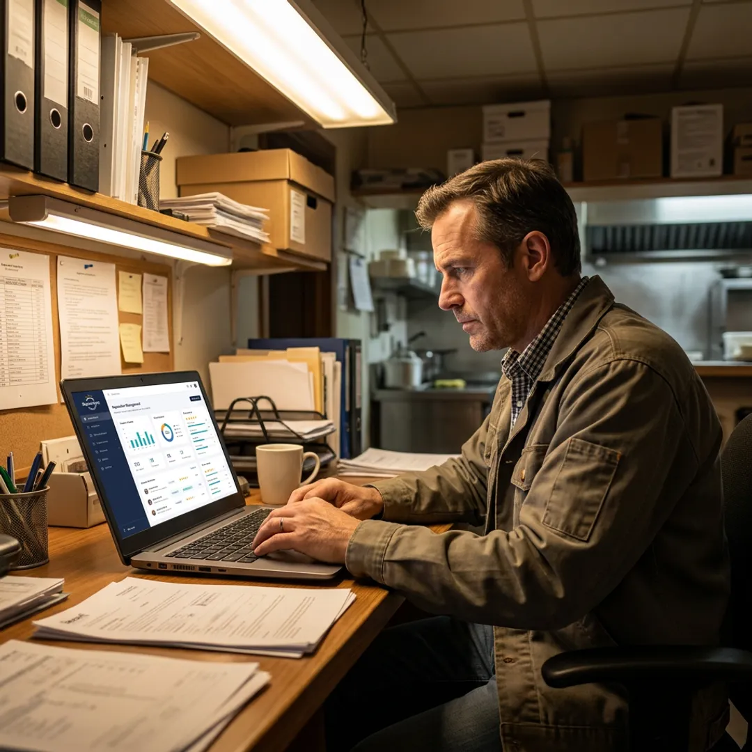Restaurant owner reviewing online feedback dashboard