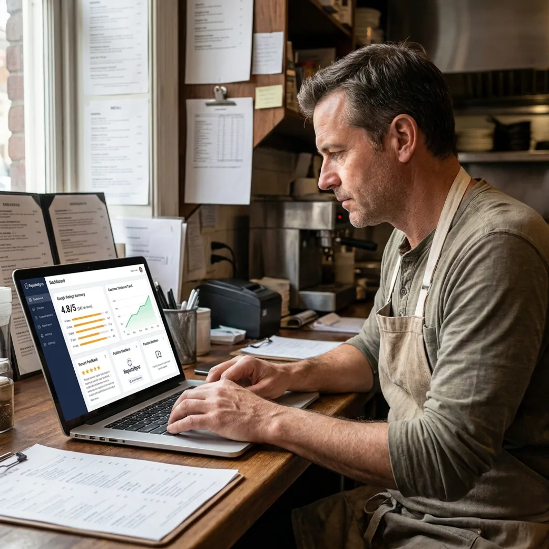 Restaurant owner reviewing rating dashboard