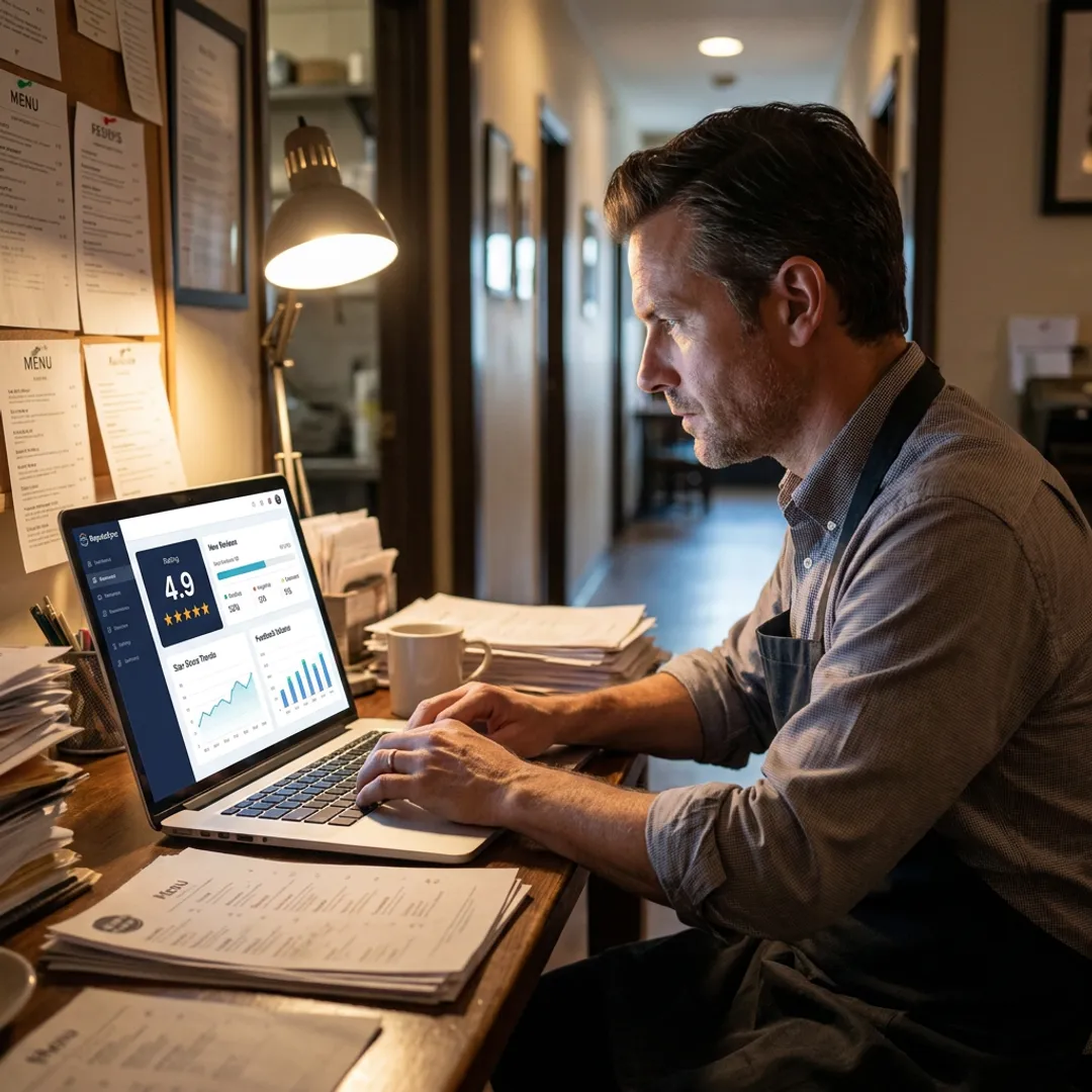 Restaurant owner reviewing reputation dashboard