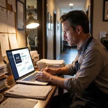 Restaurant owner reviewing reputation dashboard