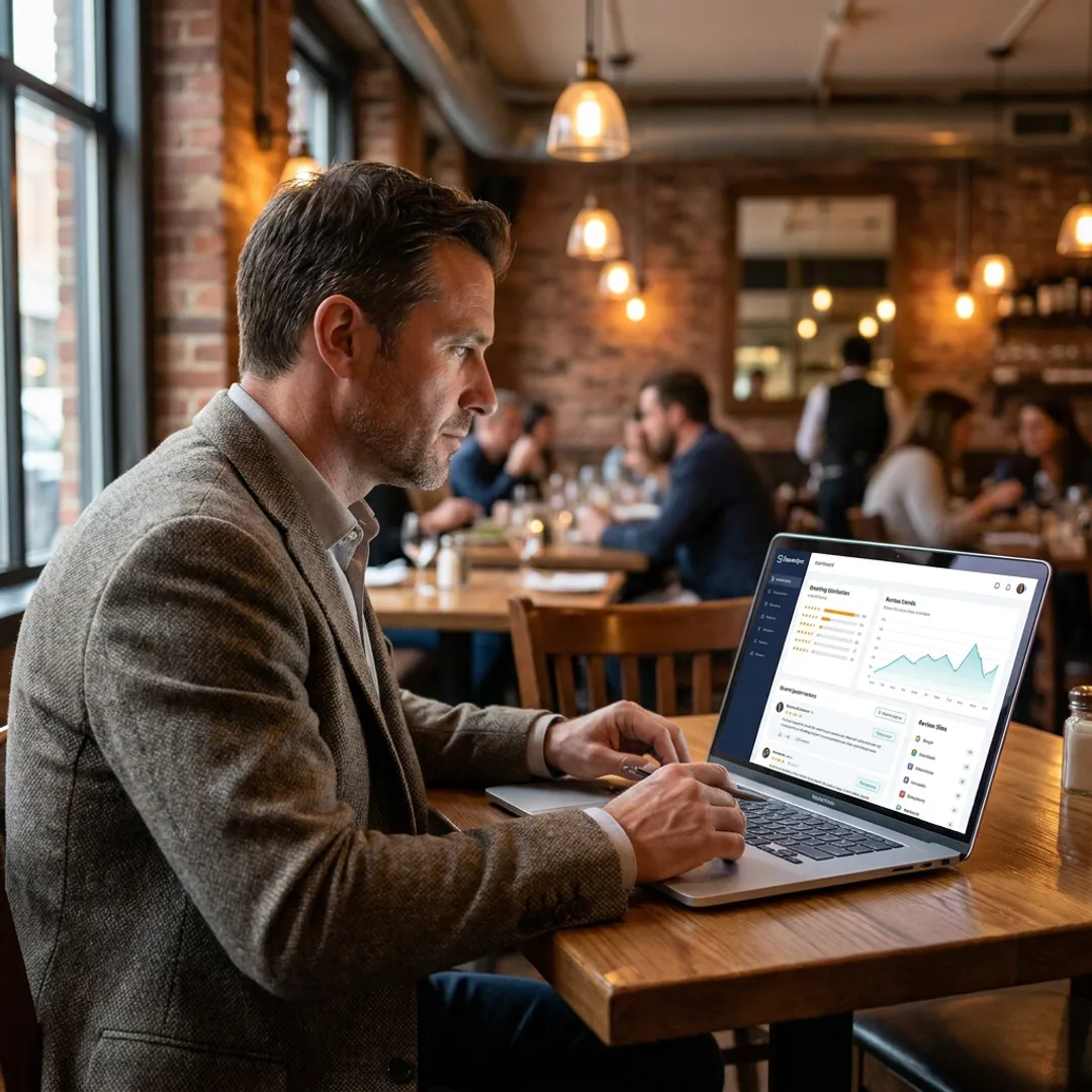 Restaurant owner reviewing customer feedback dashboard